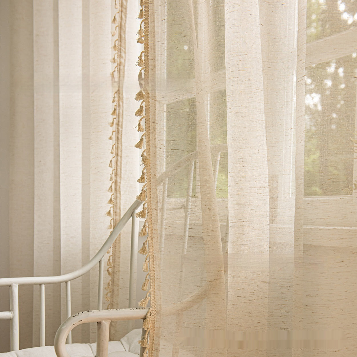 HKM-531539 Bohemian Lace Cotton Linen Texture Semi-Sheer Curtain in Various Sizes