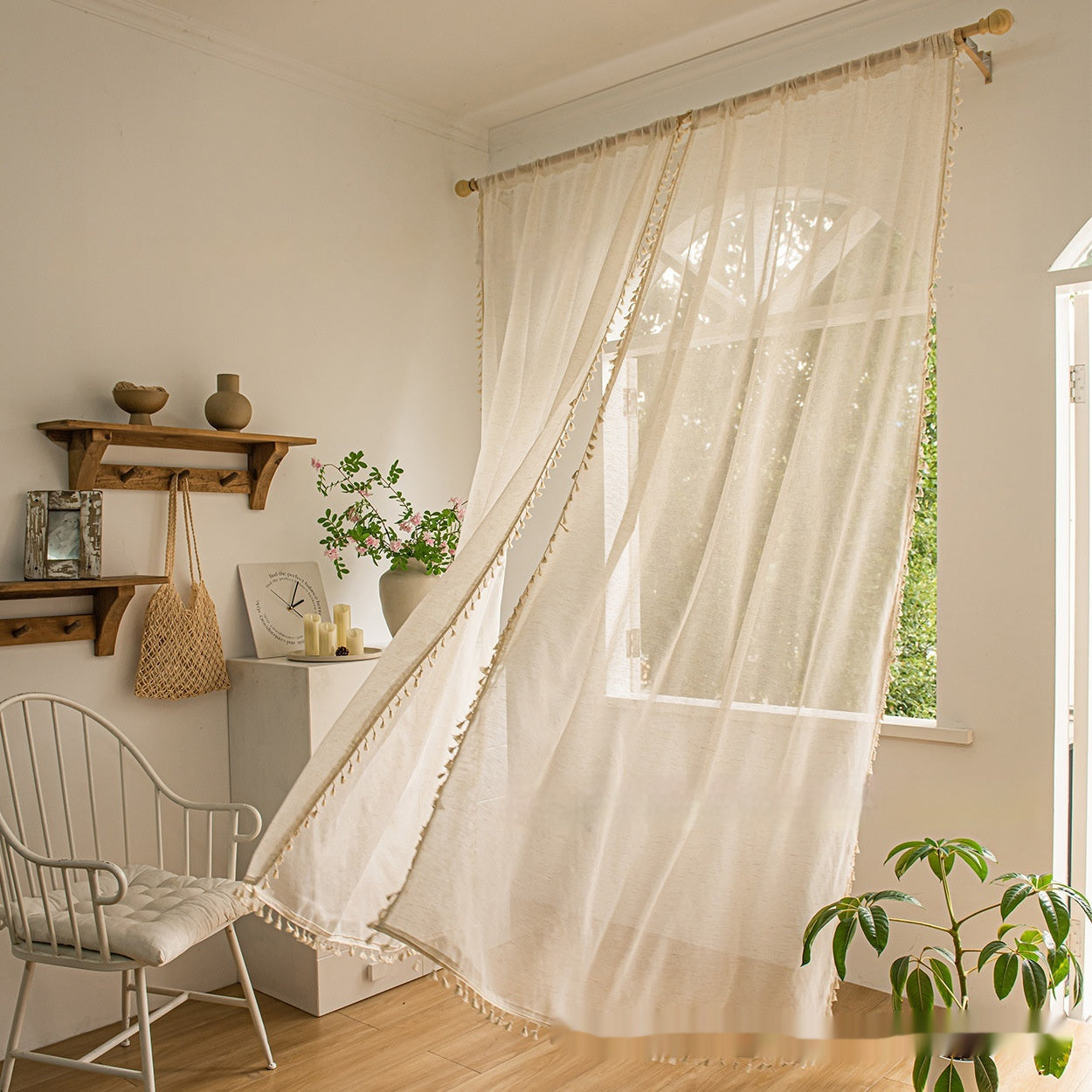 HKM-531539 Bohemian Lace Cotton Linen Texture Semi-Sheer Curtain in Various Sizes