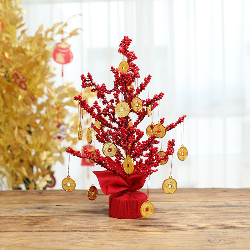 HKM-531603 Mini Christmas Potted Plant Decoration with Ornaments - PE and Wood Material
