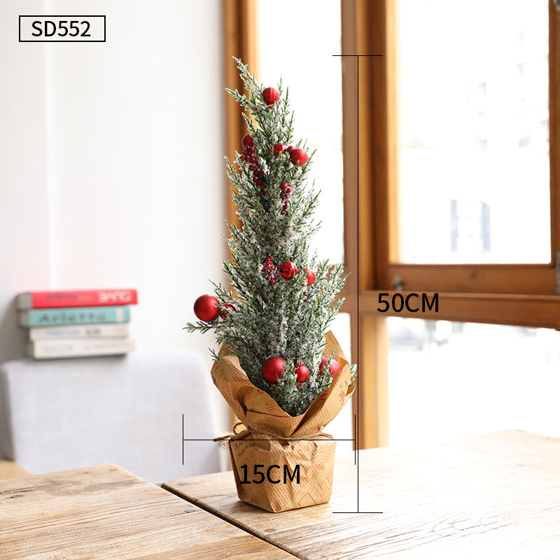 HKM-531603 Mini Christmas Potted Plant Decoration with Ornaments - PE and Wood Material