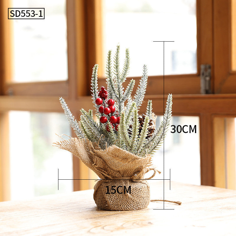 HKM-531603 Mini Christmas Potted Plant Decoration with Ornaments - PE and Wood Material