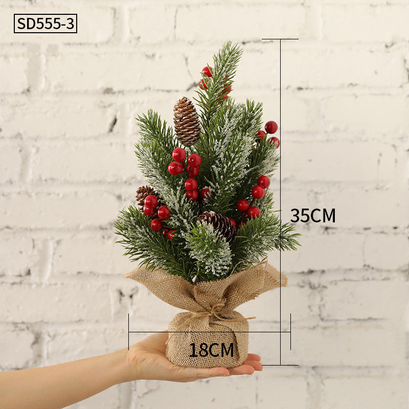 HKM-531603 Mini Christmas Potted Plant Decoration with Ornaments - PE and Wood Material