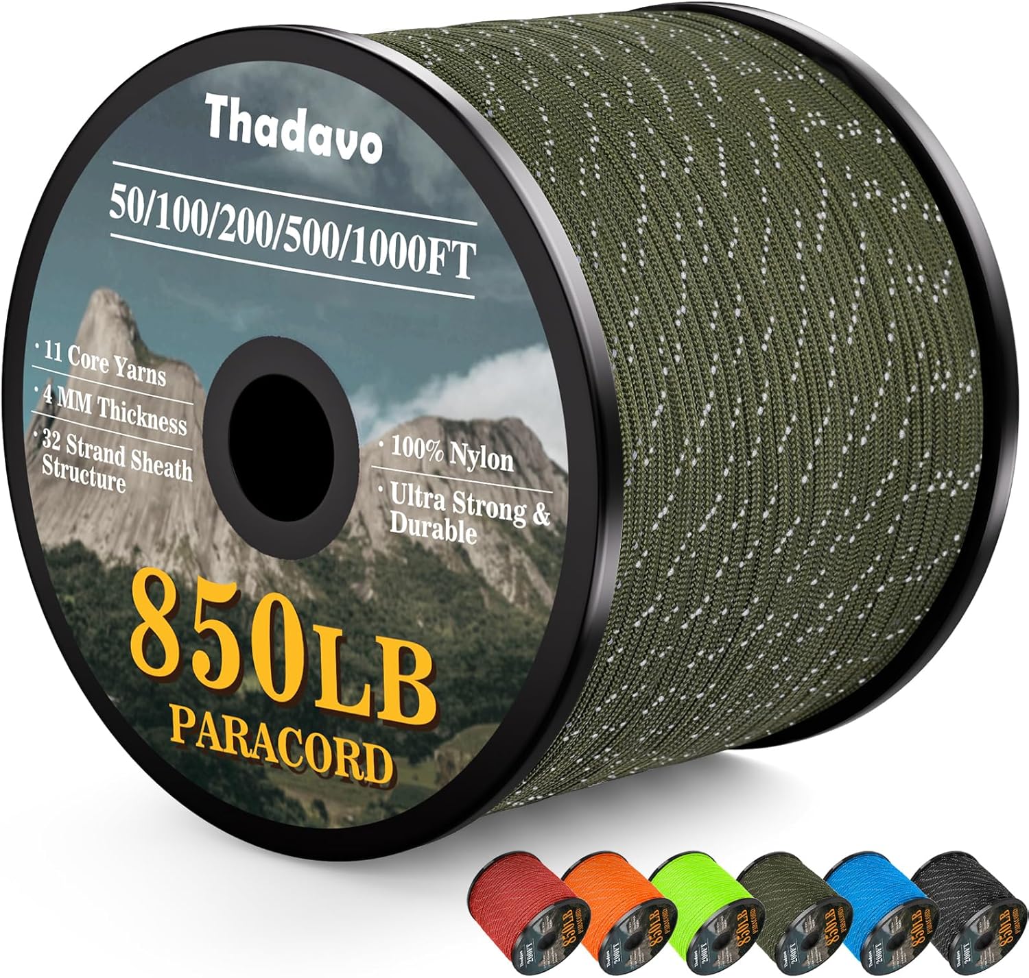 HKM-532179 Reflective Paracord Rope 850lb Strength, 4mm, 50-1000ft Lengths for Camping, Hiking, DIY Projects and Emergency Use