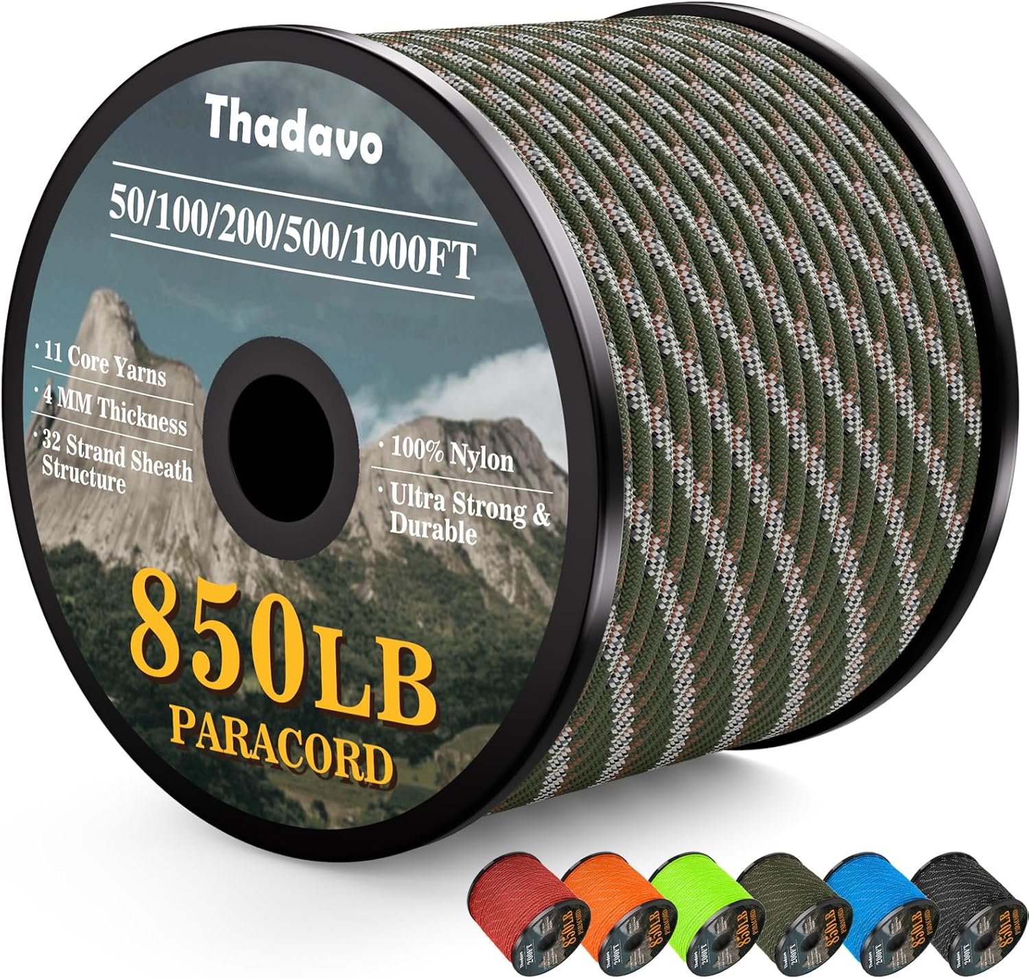 HKM-532179 Reflective Paracord Rope 850lb Strength, 4mm, 50-1000ft Lengths for Camping, Hiking, DIY Projects and Emergency Use