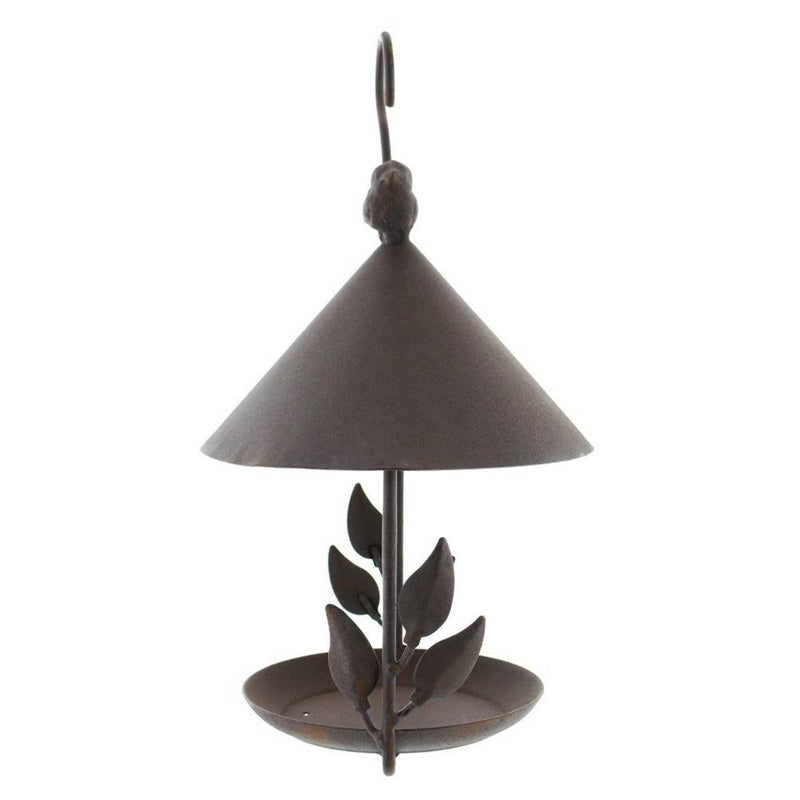 HKM-532243 Wrought Iron Bird Feeder with Removable Roof and Floral Design for Outdoor Use