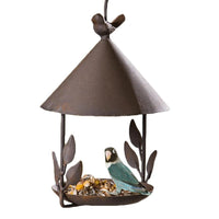 HKM-532243 Wrought Iron Bird Feeder with Removable Roof and Floral Design for Outdoor Use