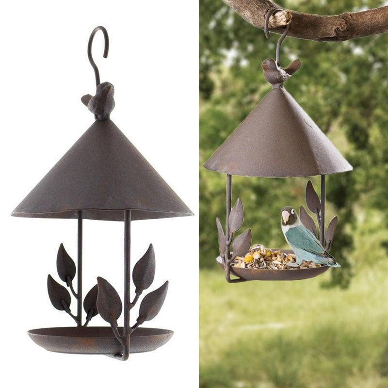 HKM-532243 Wrought Iron Bird Feeder with Removable Roof and Floral Design for Outdoor Use