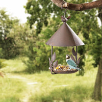 HKM-532243 Wrought Iron Bird Feeder with Removable Roof and Floral Design for Outdoor Use