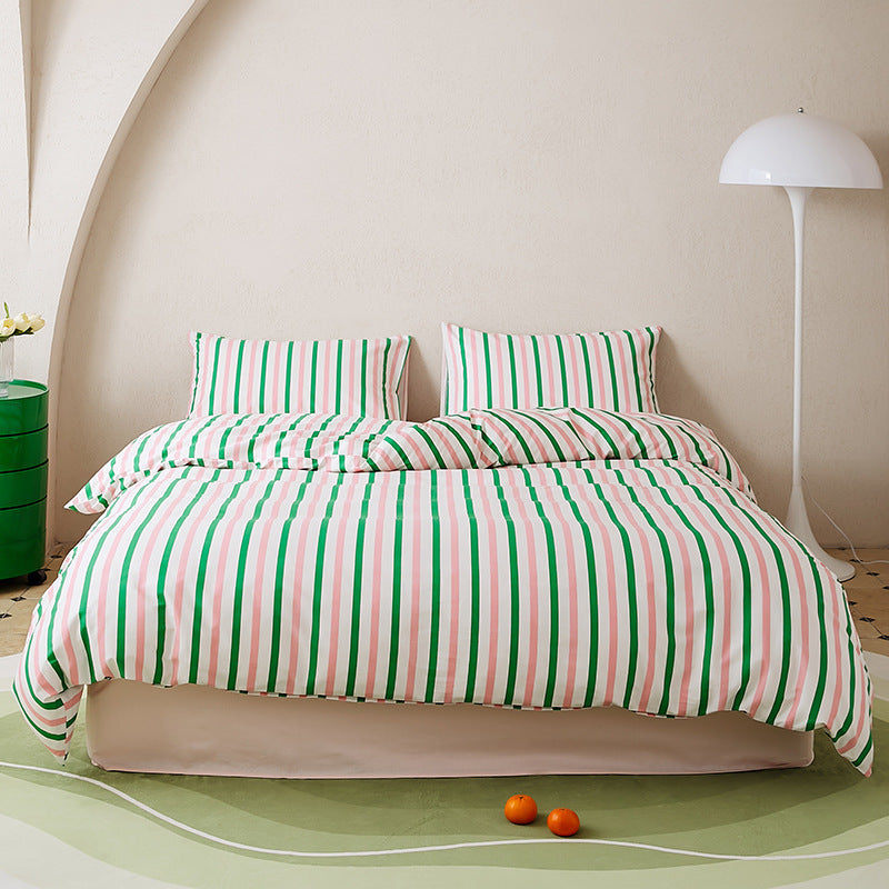HKM-532307 All-Cotton Printed Four-Piece Bedding Set with Stripe and Cartoon Designs
