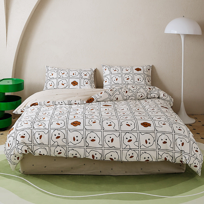 HKM-532307 All-Cotton Printed Four-Piece Bedding Set with Stripe and Cartoon Designs