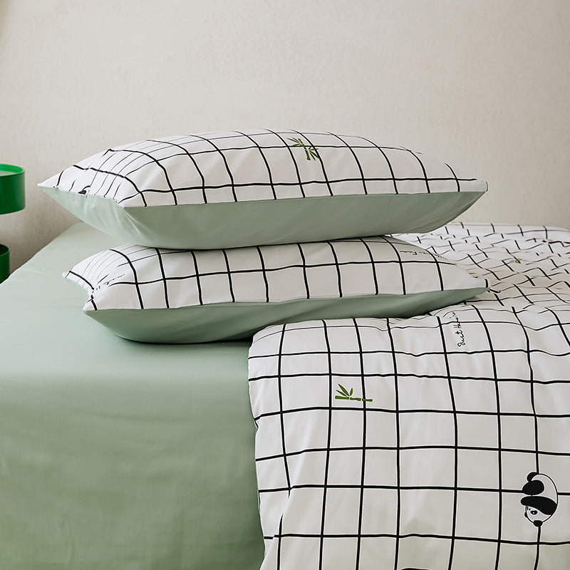 HKM-532307 All-Cotton Printed Four-Piece Bedding Set with Stripe and Cartoon Designs