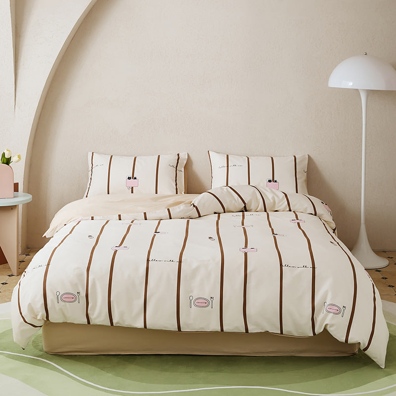HKM-532307 All-Cotton Printed Four-Piece Bedding Set with Stripe and Cartoon Designs