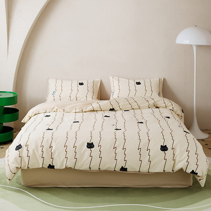 HKM-532307 All-Cotton Printed Four-Piece Bedding Set with Stripe and Cartoon Designs