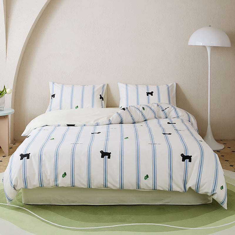 HKM-532307 All-Cotton Printed Four-Piece Bedding Set with Stripe and Cartoon Designs