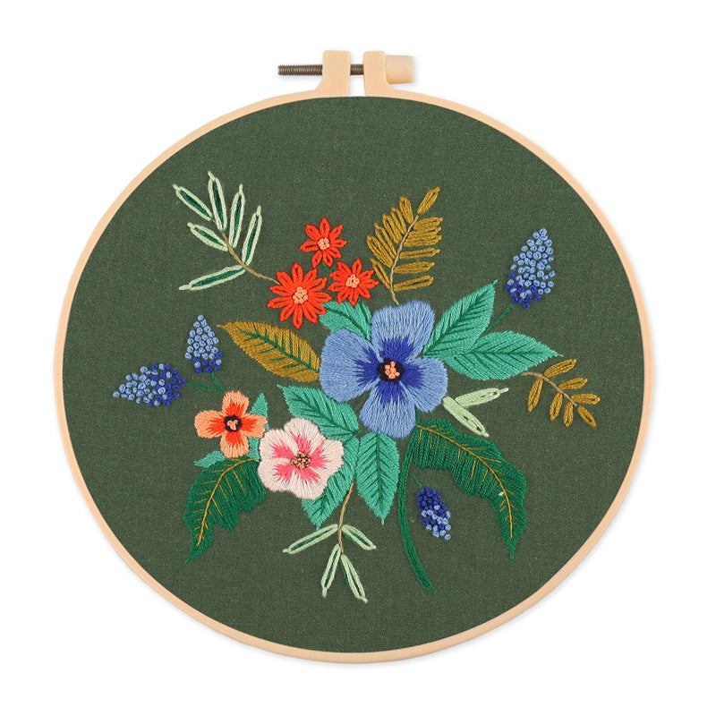 KTX-532819 Nordic Pure Cotton DIY Embroidery Kit - Fancy Flowers & Plants Design, 30x30 Canvas with 20 Diameter Embroidery