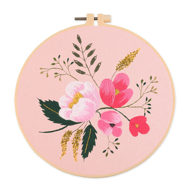 KTX-532819 Nordic Pure Cotton DIY Embroidery Kit - Fancy Flowers & Plants Design, 30x30 Canvas with 20 Diameter Embroidery