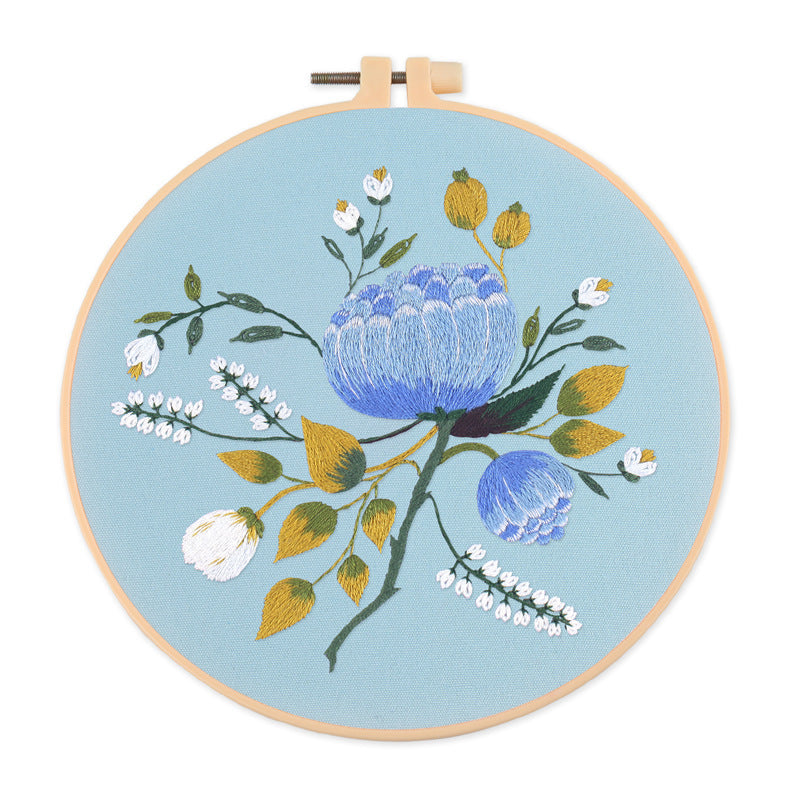 KTX-532819 Nordic Pure Cotton DIY Embroidery Kit - Fancy Flowers & Plants Design, 30x30 Canvas with 20 Diameter Embroidery