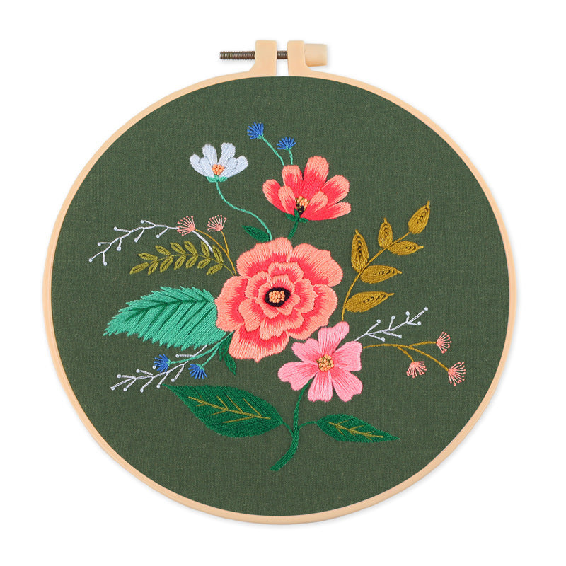KTX-532819 Nordic Pure Cotton DIY Embroidery Kit - Fancy Flowers & Plants Design, 30x30 Canvas with 20 Diameter Embroidery