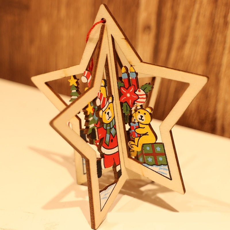 HKM-532947 Wooden Five-pointed Star and Bell Ornaments for Christmas Decor