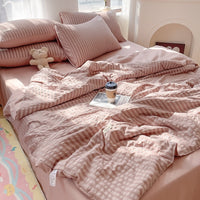 HKM-533459 Korean Style Washed Cotton Color Matching Bed Sheet Set - Solid Color Summer Quilt in Modern Simplicity