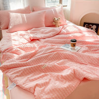 HKM-533459 Korean Style Washed Cotton Color Matching Bed Sheet Set - Solid Color Summer Quilt in Modern Simplicity