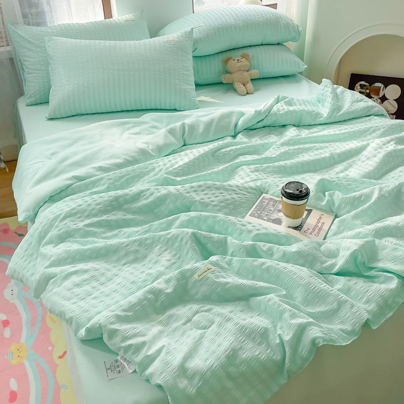 HKM-533459 Korean Style Washed Cotton Color Matching Bed Sheet Set - Solid Color Summer Quilt in Modern Simplicity