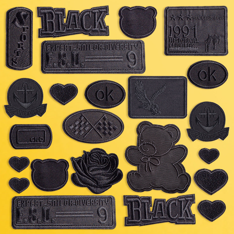 HKM-533971 Self-Adhesive Black Embroidery Patch for Clothing Repair - 6 Stickers Set