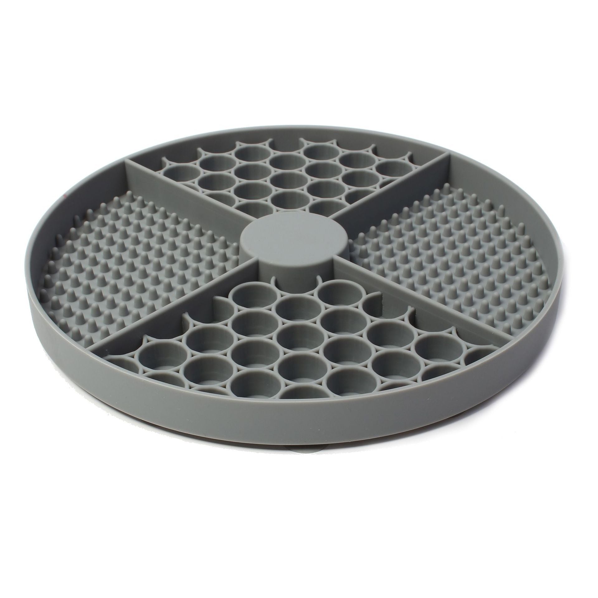 HKM-534163 Silicone Round Pet Licking Mat in Gray, Blue, and Red for Enrichment and Relaxation