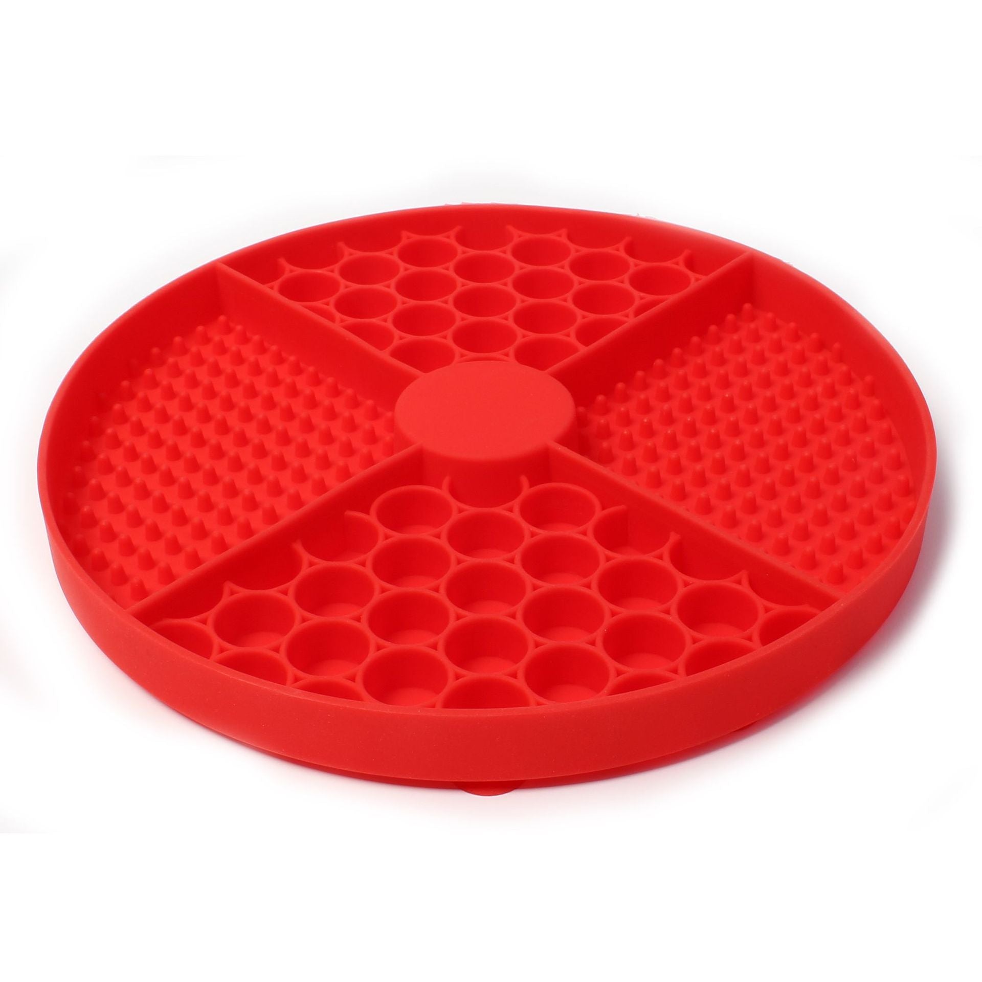 HKM-534163 Silicone Round Pet Licking Mat in Gray, Blue, and Red for Enrichment and Relaxation