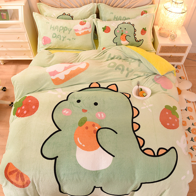 HKM-534291 Cartoon Milk Velvet Bed Set - Quilt Cover, Pillowcases & Sheet - Soft Flannel, 200x230cm