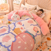 HKM-534291 Cartoon Milk Velvet Bed Set - Quilt Cover, Pillowcases & Sheet - Soft Flannel, 200x230cm
