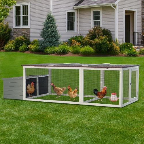 HKM-534291 Spacious Outdoor Wooden Chicken Coop with Nesting Box, Weatherproof Roof, and Secure Run for Backyard Poultry