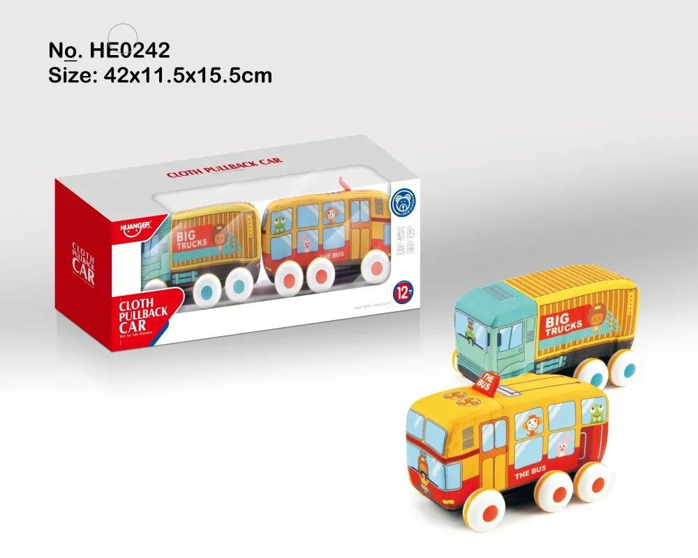 HKM-534547 Soft Plush Pull Back Vehicle Toys - 2 Pcs Cartoon Cars for Toddlers, Ideal for Kids 0-24 Months