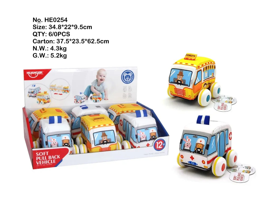 HKM-534547 Soft Plush Pull Back Vehicle Toys - 2 Pcs Cartoon Cars for Toddlers, Ideal for Kids 0-24 Months