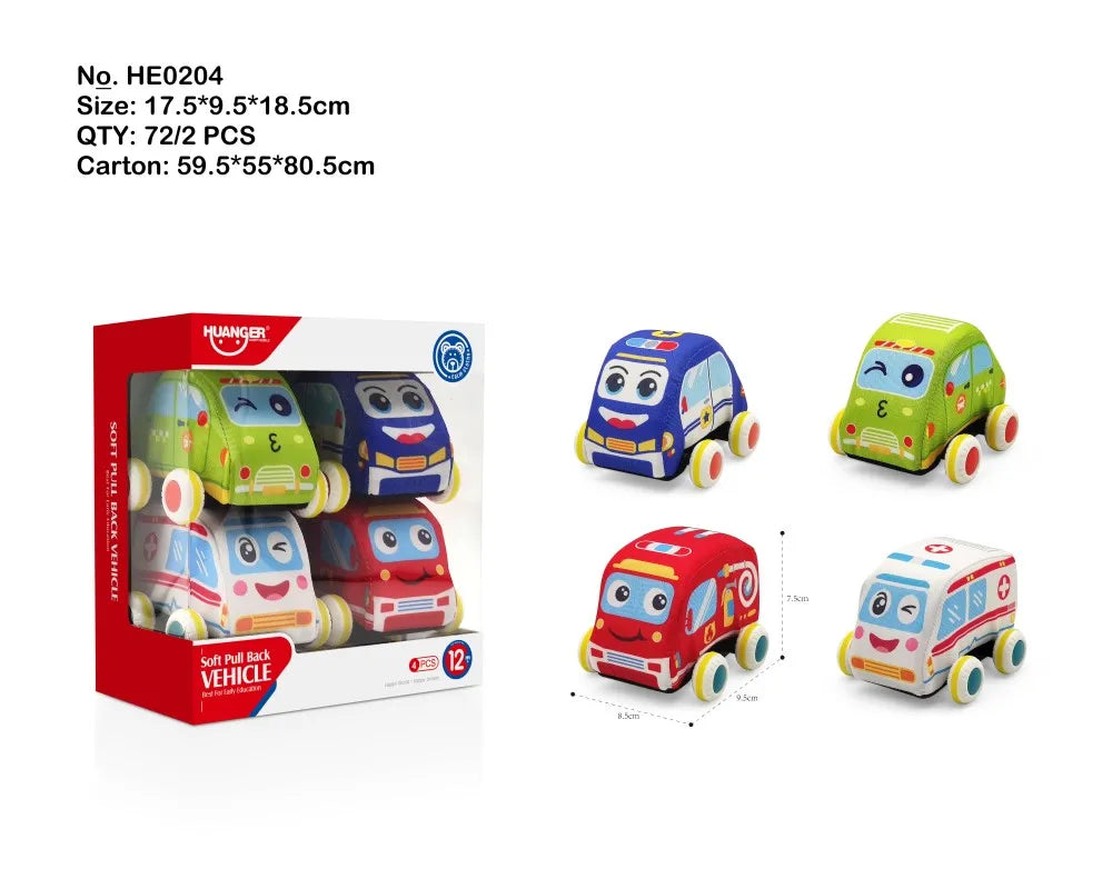 HKM-534547 Soft Plush Pull Back Vehicle Toys - 2 Pcs Cartoon Cars for Toddlers, Ideal for Kids 0-24 Months