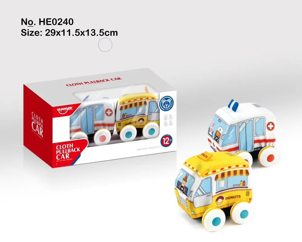 HKM-534547 Soft Plush Pull Back Vehicle Toys - 2 Pcs Cartoon Cars for Toddlers, Ideal for Kids 0-24 Months