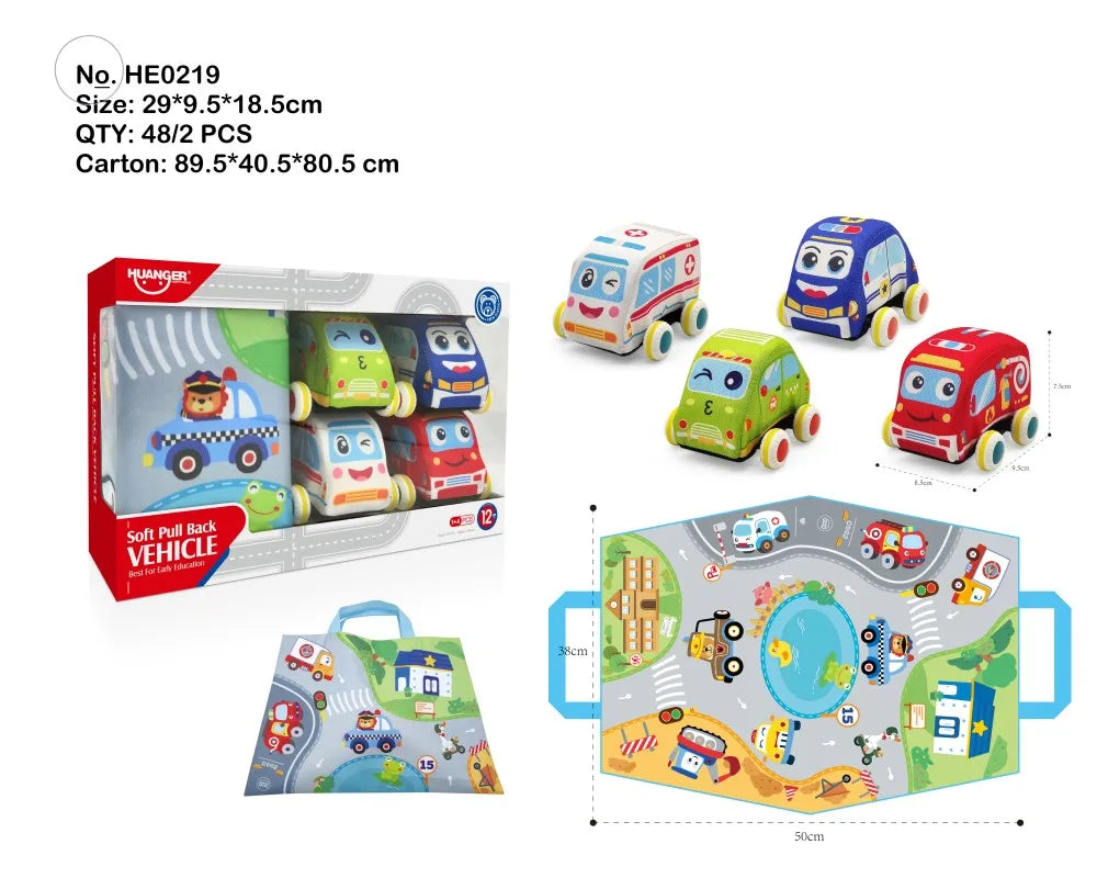 HKM-534547 Soft Plush Pull Back Vehicle Toys - 2 Pcs Cartoon Cars for Toddlers, Ideal for Kids 0-24 Months