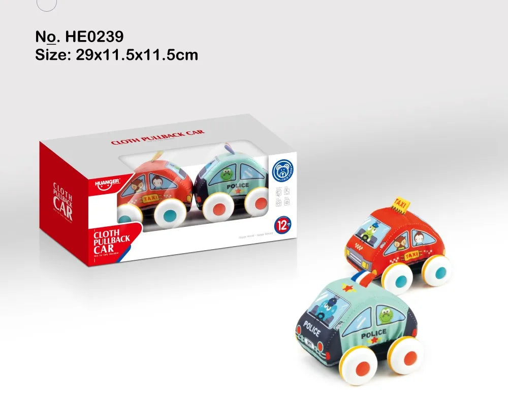 HKM-534547 Soft Plush Pull Back Vehicle Toys - 2 Pcs Cartoon Cars for Toddlers, Ideal for Kids 0-24 Months