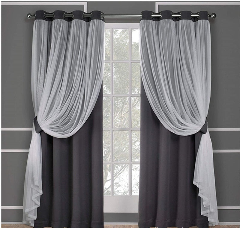 HKM-534995 Lace Double Layer Window Curtains in Dark Blue, Water Blue, Light Blue, and More – Various Sizes Available