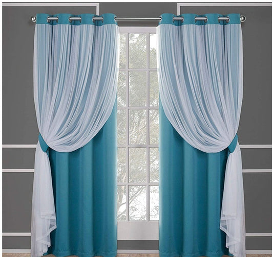 HKM-534995 Lace Double Layer Window Curtains in Dark Blue, Water Blue, Light Blue, and More – Various Sizes Available