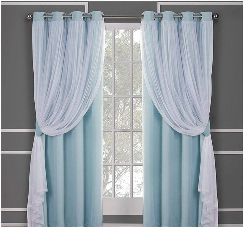 HKM-534995 Lace Double Layer Window Curtains in Dark Blue, Water Blue, Light Blue, and More – Various Sizes Available