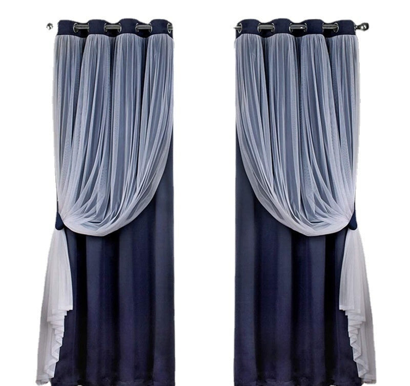 HKM-534995 Lace Double Layer Window Curtains in Dark Blue, Water Blue, Light Blue, and More – Various Sizes Available