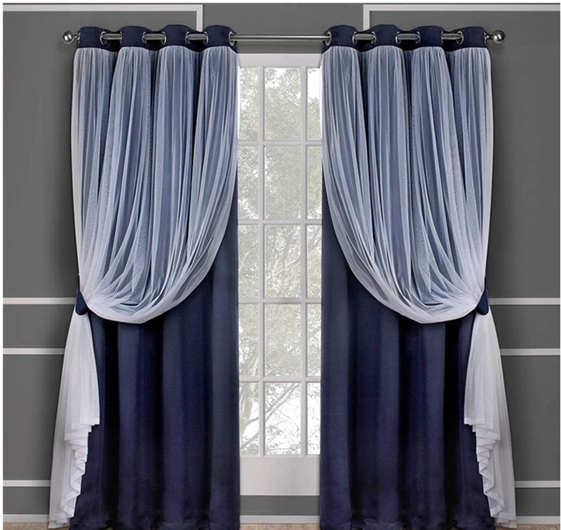 HKM-534995 Lace Double Layer Window Curtains in Dark Blue, Water Blue, Light Blue, and More – Various Sizes Available