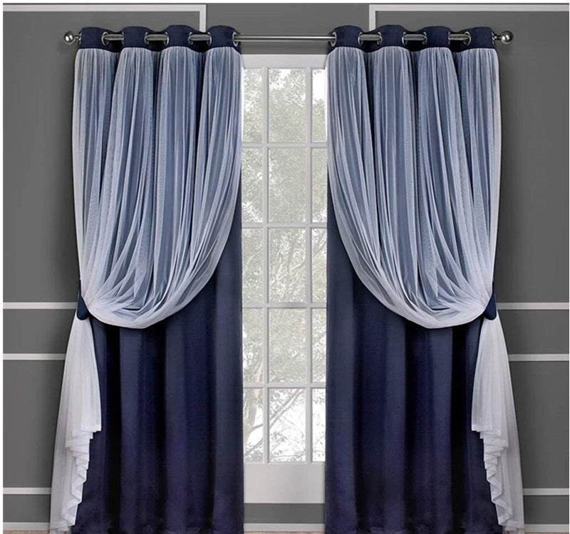 HKM-534995 Lace Double Layer Window Curtains in Dark Blue, Water Blue, Light Blue, and More – Various Sizes Available