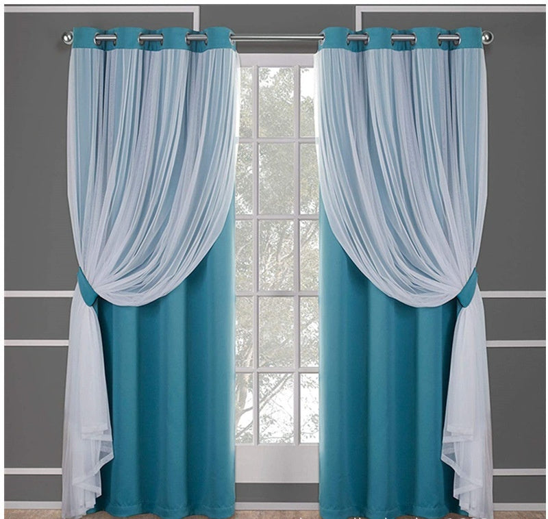 HKM-534995 Lace Double Layer Window Curtains in Dark Blue, Water Blue, Light Blue, and More – Various Sizes Available