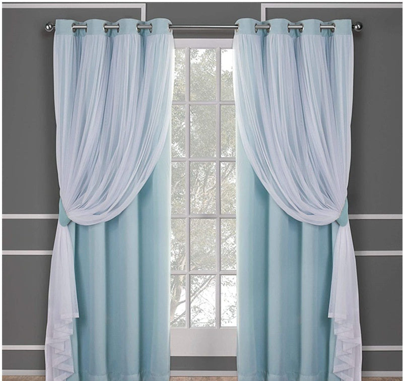 HKM-534995 Lace Double Layer Window Curtains in Dark Blue, Water Blue, Light Blue, and More – Various Sizes Available