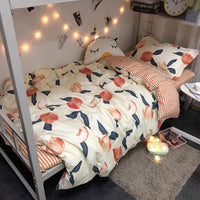 HKM-535251 Four-Piece Japanese Bedding Set with Floral Design - Polyester Quilt, Bed Sheets, and Pillowcases