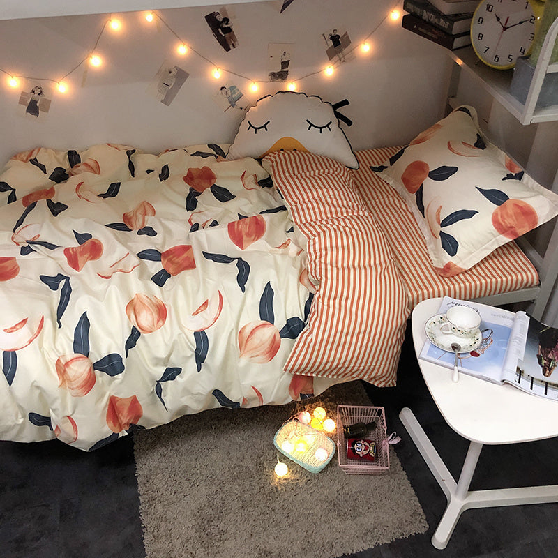 HKM-535251 Four-Piece Japanese Bedding Set with Floral Design - Polyester Quilt, Bed Sheets, and Pillowcases