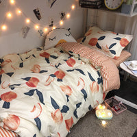 HKM-535251 Four-Piece Japanese Bedding Set with Floral Design - Polyester Quilt, Bed Sheets, and Pillowcases