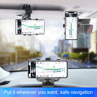 HKM-535507 Multi-Function Car Phone Holder for Dashboard, Rearview Mirror, and Sun Visor - Fits 3-7 Inch Devices